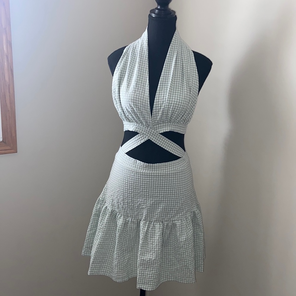 new without tags green dress cut out 2 piece halter checkered skirt MEDIUM